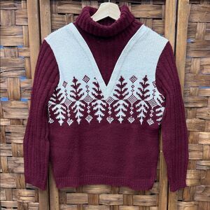 Unique Vintage Burgundy and White Turtleneck Sweater